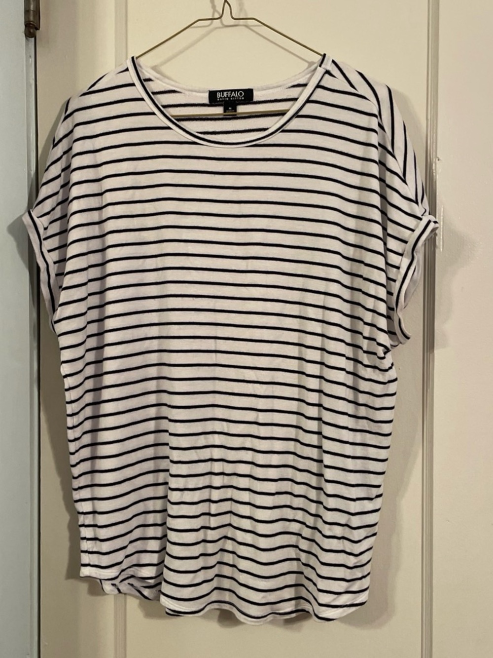 Buffalo David Bitton White and Black Striped Short Sleeve Tee